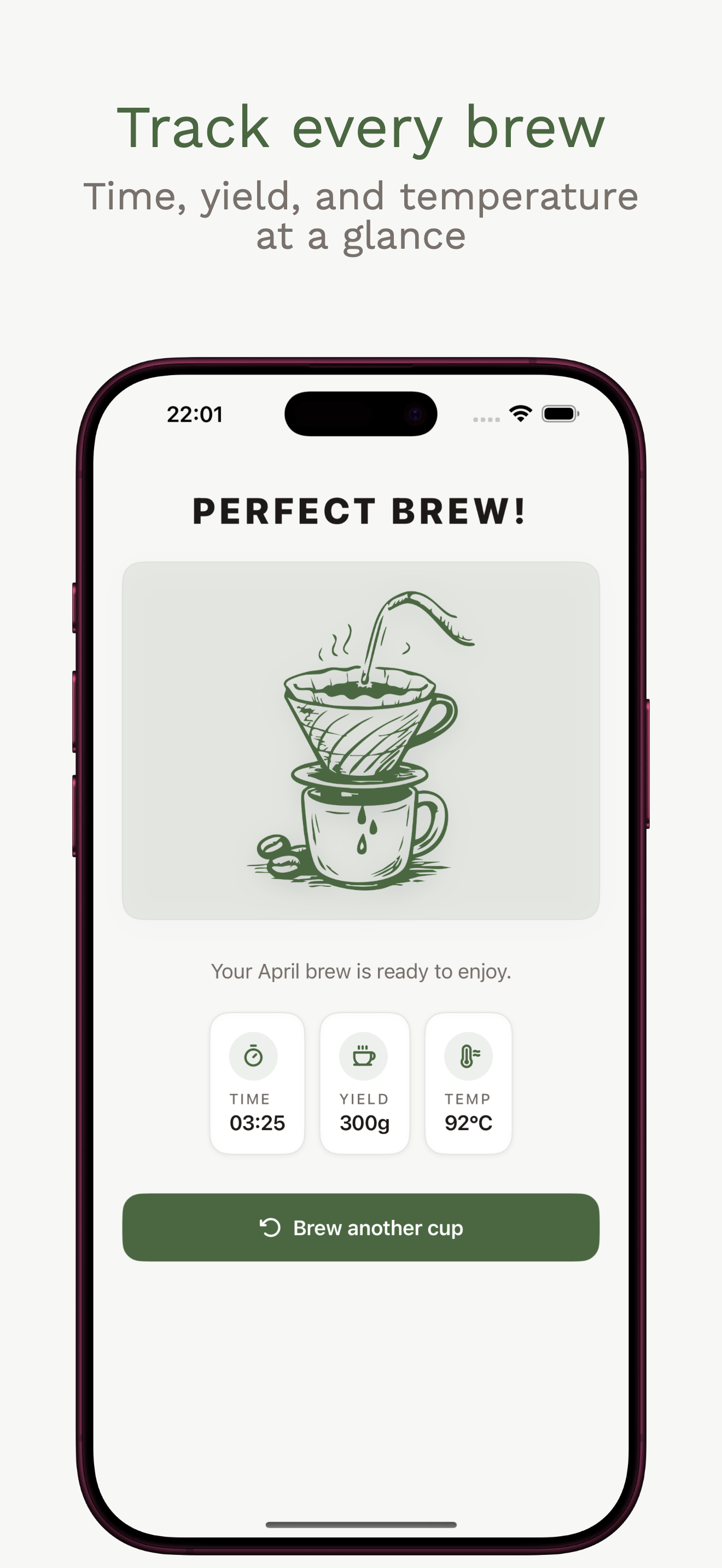 Brew complete screen showing time, yield, and temperature stats