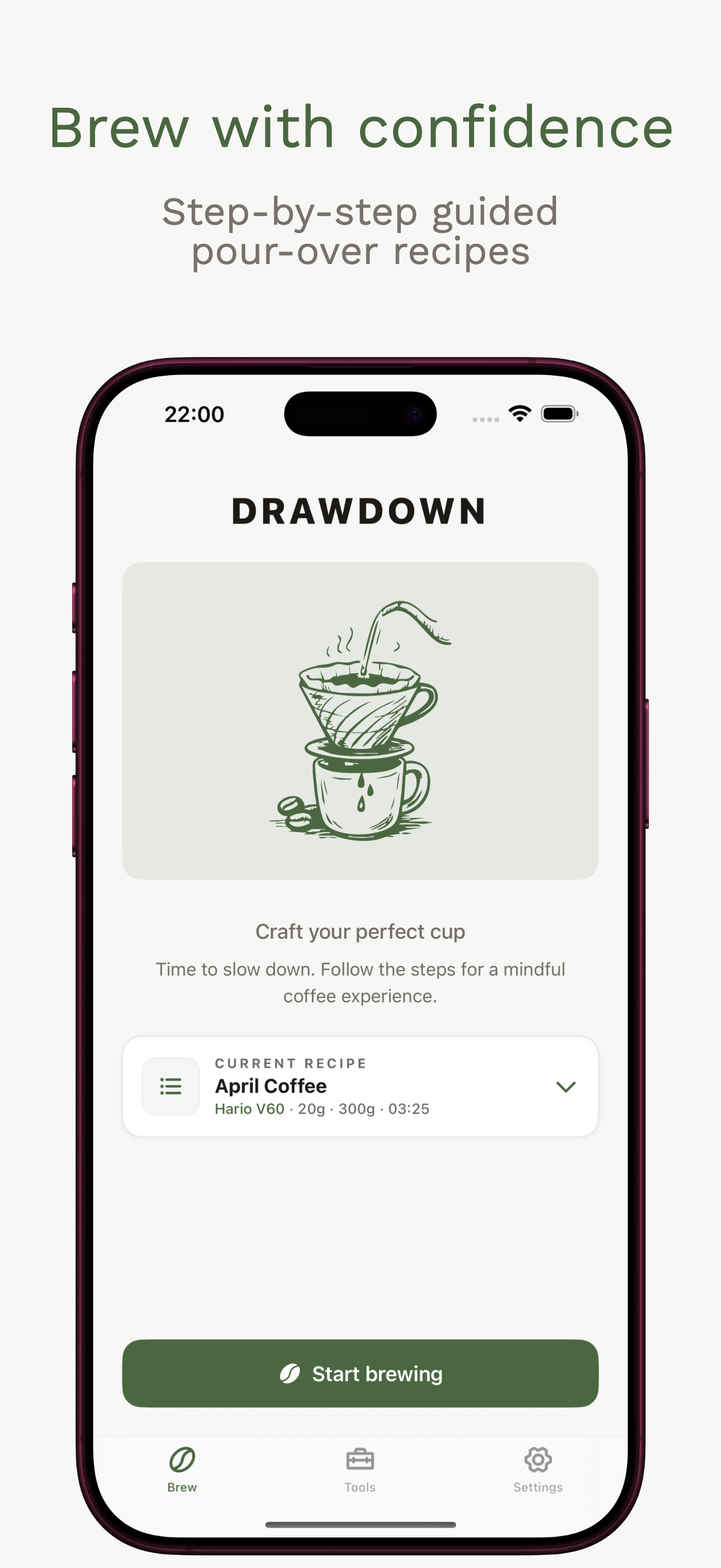 Drawdown home screen showing recipe picker with V60 recipe selected