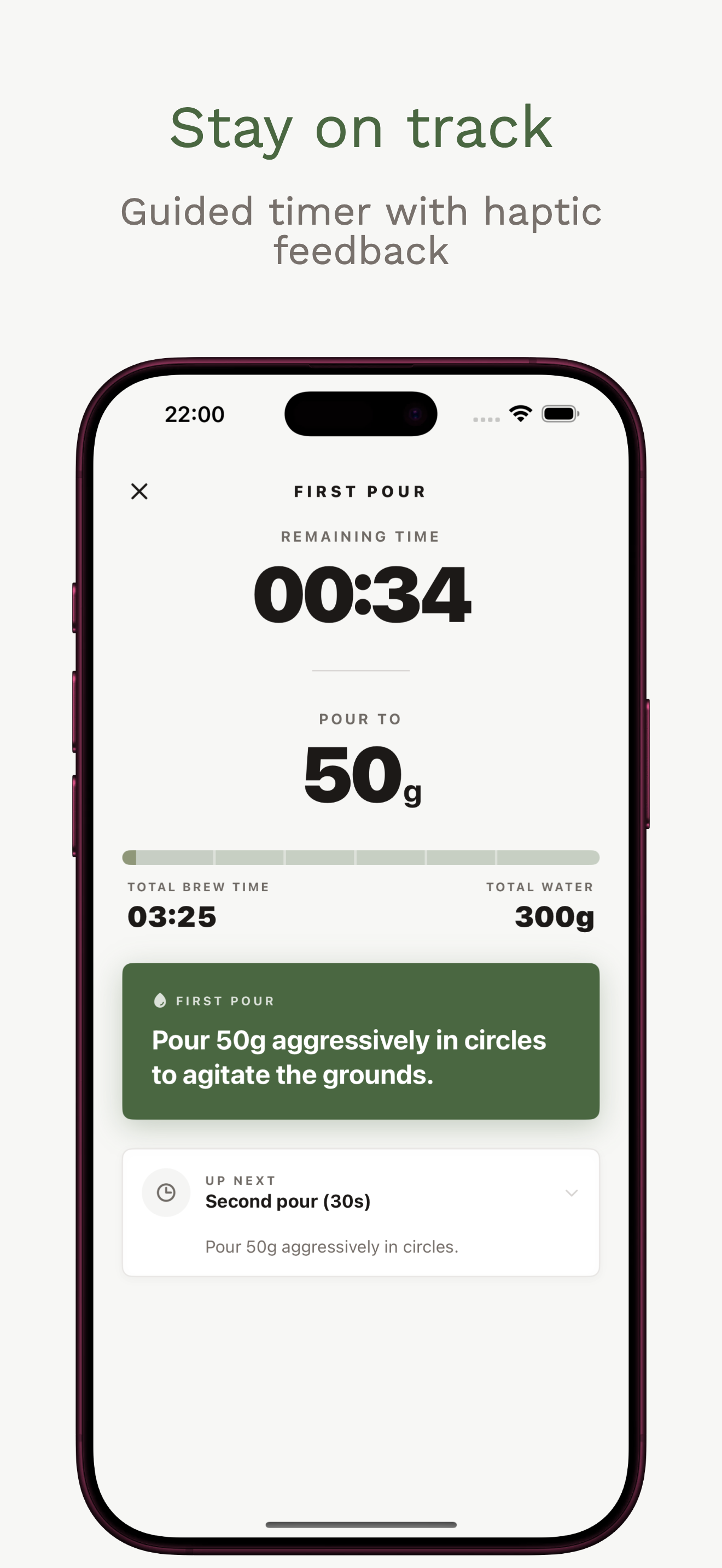 Guided brew timer showing pour instructions with countdown